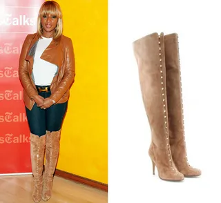 Mary J. Blige in Valentino Over-the-Knee Boots  - Mary got matchy with a pair of suede over-the-knee boots she worked with a leather jacket and denim.(Photos from left:&nbsp; Andy Kropa/Getty Images, Courtesy Valentino)
