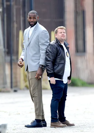 James Corden&nbsp;and&nbsp;LeBron James - James Corden and NBA star LeBron James&nbsp;fought off ninjas dressed as cops for a funny skit of Carpool Karaoke filming in downtown Los Angeles.&nbsp;(Photo: Cousart/JFXimages/WENN.com)