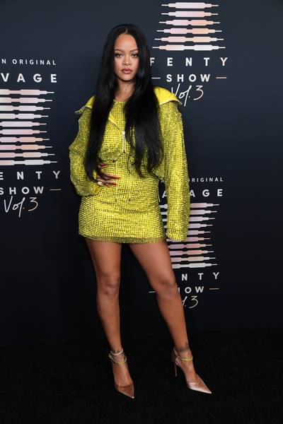 Savage x Fenty Vol. 3 Step-And-Repeat - On Wednesday (Sept. 22),&nbsp;Rihanna&nbsp;hosted a lovely soiree to celebrate the debut of her Savage X Fenty Show Vol. 3, which is set to air on Amazon Prime Video this Friday (Sept. 24).&nbsp;Dressed to impress, the fabulous hostess glowed on the step-and-repeat in a custom shimmery look by Bottega Veneta. It’s the legs for us! (Photo by Kevin Mazur/Getty Images for Rihanna's Savage X Fenty Show Vol. 3 Presented by Amazon Prime Video) (Photo by Kevin Mazur/Getty Images for Rihanna's Savage X Fenty Show Vol. 3 Presented by Amazon Prime Video)