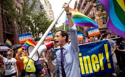 Mayoral Candidate Anthony Weiner Waves to Revelers - New York City mayoral candidate Anthony Weiner made an appearance in the pride march.&nbsp;(Photo:Andrew Burton/Getty Images)