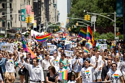 A March Down to the Village - Parade participants began lining up at 36th Street and Fifth Avenue. The event kicked off at 12 p.m. and marchers proceeded downtown to Christopher and Greenwich Streets.&nbsp;(Photo by Andrew Burton/Getty Images)