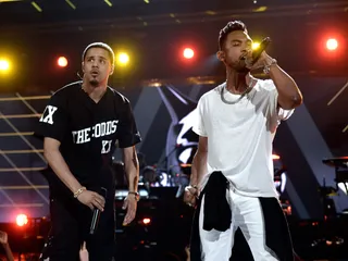 Ready for the Hook Now - Almost on cue, Miguel stepped on stage to assist J. Cole with the chorus to &quot;Power Trip.&quot; Right on, guys.(Photo: Kevin Winter/Getty Images for BET)