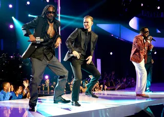 Break It Down - Snoop Dogg, Justin Timberlake, Pharrell Williams (not pictured) and Charlie Wilson gave one of most memorable performances of the night with “You Are,” “Beautiful,” “Charlie, Last Name Wilson,” “Signs,” “You Dropped a Bomb on Me” and “Outstanding.”&nbsp; (Photo: Kevin Mazur/Getty Images for BET)