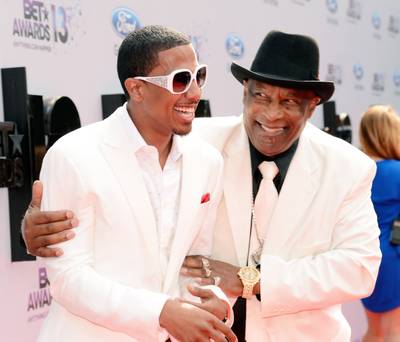 Unleash the Cannons - Nick Cannon and his grandfather James Cannon having a ball on the red carpet. Love the coordinated white suits!  &nbsp;(Photo: Kevin Mazur/BET/Getty Images for BET)