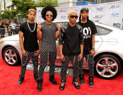 Mindful Coordination - Singers Roc Royal, Princeton, Prodigy and Ray Ray of Mindless Behavior showed off their individual styles in contrasting tops while rocking matching black printed jeans, pocket chains and hi-top sneakers.  (Photo: Kevin Winter/BET/Getty Images for BET)