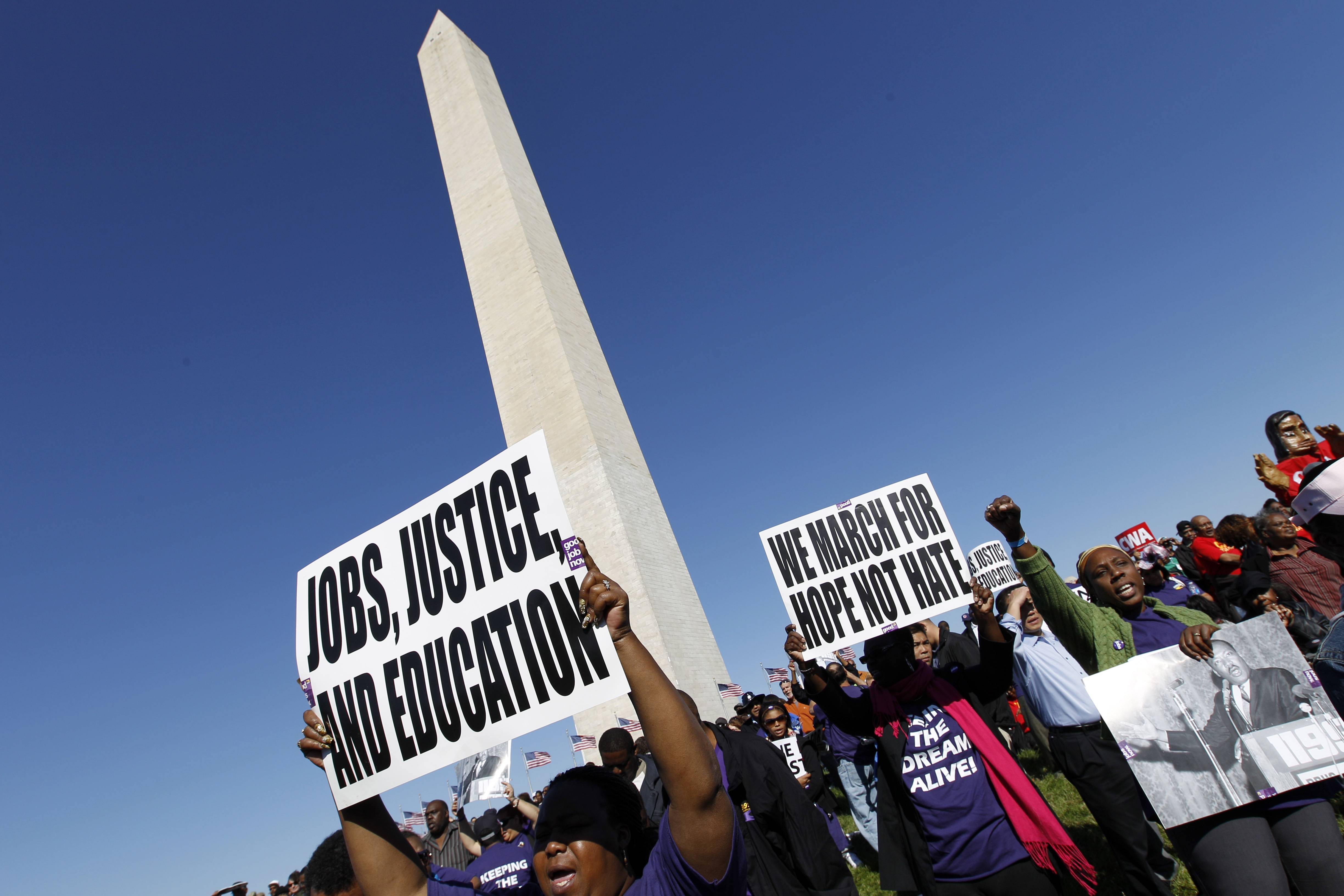March for Jobs and Justice in Washington D.C. - In an effort to reflect their disapproval of the lack of jobs, hundreds of people marched from the Washington monument to the Martin Luther King Jr. Memorial on Saturday in a rally and march headed by Rev. Al Sharpton’s National Action Network and other civil rights organizations.(Photo: ASSOCIATED PRESSAP)