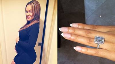 Evelyn Lozada  - The Basketball Wives star was suprised on Christmas Eve 2013 with this flawless 14.5-carat diamond engagement ring by her boo, Los Angeles Dodgers star Carl Crawford. Designed by celebrity jeweler Jason of Beverly Hills, the emerald-cut center stone has smaller diamonds around the perimeter and encircling the band. (Photos: Evelyn Lozada via Instagram)