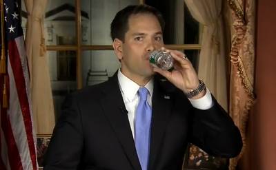 Gulp - Florida Sen. Marco Rubio takes a sip of water while delivering the Republican response to Obama's State of the Union address.   &nbsp;(Photo: ABC News)