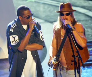 Rock This Way - An unexpected collaboration as Jay Z and Kid Rock hit the stage together at the 2004 BET Awards. (Photo: Kevin Winter/Getty Images)