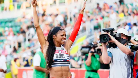 EUGENE, OREGON - JUNE 26: Gabby Thomas crosses the finish line to win the Women's 200 Meters Final on day nine of the 2020 U.S. Olympic Track & Field Team Trials at Hayward Field on June 26, 2021 in Eugene, Oregon. (Photo by Steph Chambers/Getty Images)