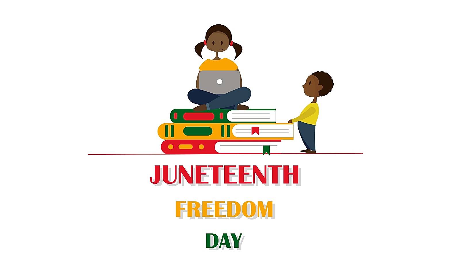 An illustration of a black girl sitting on a stack of books and a boy, standing next to her. Juneteenth concept. Learning about African American history. Freedom day. Isolated on white.