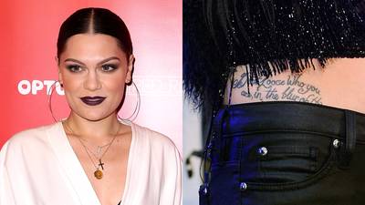 Jessie J - The Brit's tattoo reads: &quot;Don’t loose who are you in the blur of the stars.&quot; That's right, it says &quot;loose,&quot; not &quot;lose.&quot; It's the reason for the star's love of high-waisted bottoms, she says.  (Photos from left: Mark Metcalfe/Getty Images, Jamie McCarthy/Getty Images for GUESS)