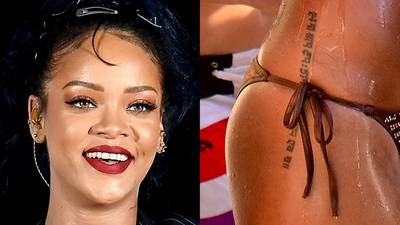 Rihanna - Rih wanted to have a Sanskrit prayer going down her right hip that read “Forgiveness, Honesty, Suppression and Control.” Unfortunately it was misspelled. However, the Barbadian beauty does rock it well.(Photos from Left: Kevin Winter/Getty Images for CBS Radio Inc., Sandy Pitt/Splash News)