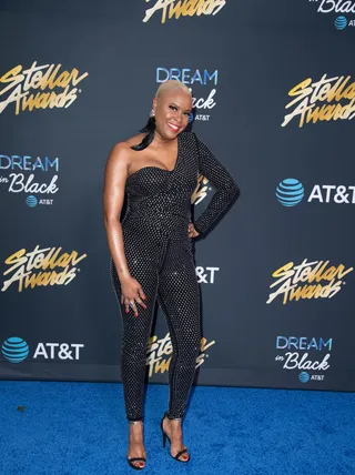 Latice Crawford looked fabulous on the carpet in an embellished, asymmetric jumpsuit. - (Photography By Gip III for Central City Productions) (Photography By Gip III for Central City Productions)