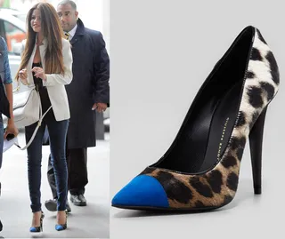 Selena Gomez - Punch up your outfit with a subtle pop of color like Selena Gomez. Her Leopard Suede Cap-Toe Pumps by Giuseppe Zanotti give an unexpected jolt of blue—ideal for dressing up a more casual look.(Photos from left: Palace Lee, PacificCoastNews.com, Courtesy Neiman Marcus)