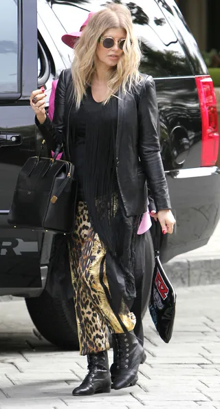 Fergie - Mom-to-be Fergie proves maternity wear can be anything but boring. Her breezy printed trousers get the rock and roll treatment with the addition of black leather jacket.  (Photo: Pedro Andrade, &nbsp;PacificCoastNews.com)