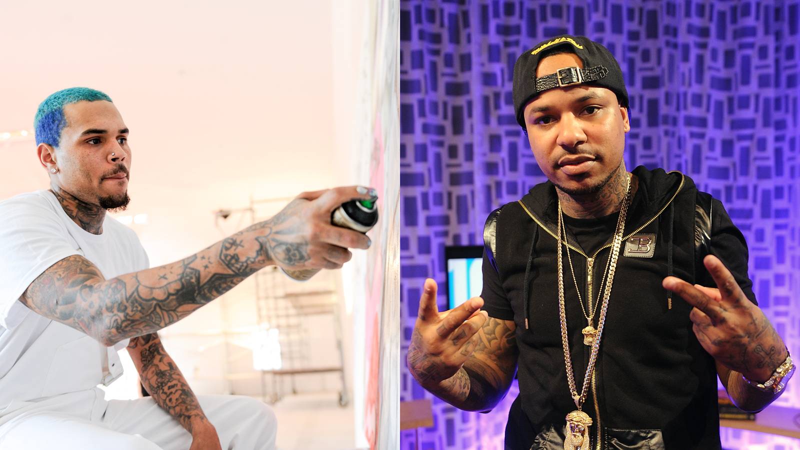 Breezy Honors Slain MC - Breezy used his painting skills to honor the memory of late Bronx MC Chinx Drugz after he was murdered earlier this year. Brown's mural featured a halo above the slain rapper's head and a smiling depiction of Chinx's good friend and frequent collaborator French Montana.&nbsp;(Photos from left: Sergi Alexander/Getty Images for Fine Art Auctions Miami, Brad Barket/Getty Images for BET)