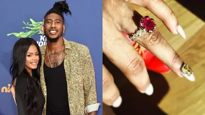 Teyana Taylor and Iman Shumpert - On Nov. 7, the Cleveland Cavaliers baller surprised the &quot;Maybe&quot; singer with a jaw-dropping ruby engagement ring at their baby shower. &quot;Thank You @imanshumpert for putting the color back in my life! I love you so much,&quot; she wrote of the sparkler, which sits on a lattice detail gold band encrusted with micropavé diamonds. Their baby girl is due in January.(Photos from left: Jason Merritt/Getty Images, Teyana Taylor via Instagram)
