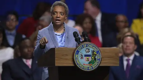 CHICAGO, ILLINOIS - MAY 20:  Lori Lightfoot addresses guests after being sworn in as Mayor of Chicago during a ceremony at the Wintrust Arena on May 20, 2019 in Chicago, Illinois. Lightfoot become the first black female and openly gay Mayor in the cityâs history.  (Photo by Scott Olson/Getty Images)