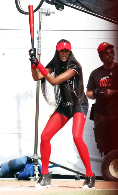 Naomi Campbell - Naomi's up to bat! She let her hair flow in the wind while she was at it.(Photo: Matt Symons/Max Butterworth/PacificCoastNews.com)