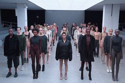 Fade to Black - ?Ye is one for the dramatics, so the murky color palette is par for the course. Black, forest green, and burgundy are muddled with subtle hints of nudes and smoky grey.&nbsp;As the soundtrack to the affair, Yeezy treated the audience to ?Wolves,? his brand new track featuring Sia and Vic Mensa.  (Photo: Theo Wargo/Getty Images for adidas)
