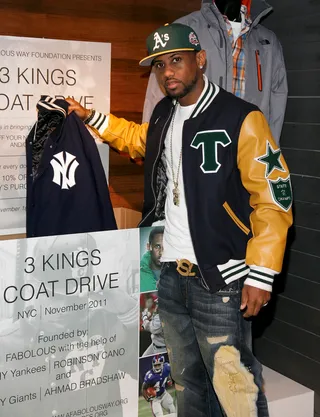 Charitable Cause - Fabolous photographed at his 2011 3 Kings Coat Drive at Dr. Jay's in New York City. The charity event supports those in need of outerwear during the cold weather season. The Fabolous Way Foundation organized the event along with NY Yankees Robinson Cano and NY Giants Ahmad Bradshaw.&nbsp; (Photo: Andy Kropa/Getty Images)