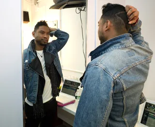 One Long Part For Cut Master Style - Miguel checks out the part by Cut Master Style backstage at BET Studios. (Photo: John Ricard / BET)