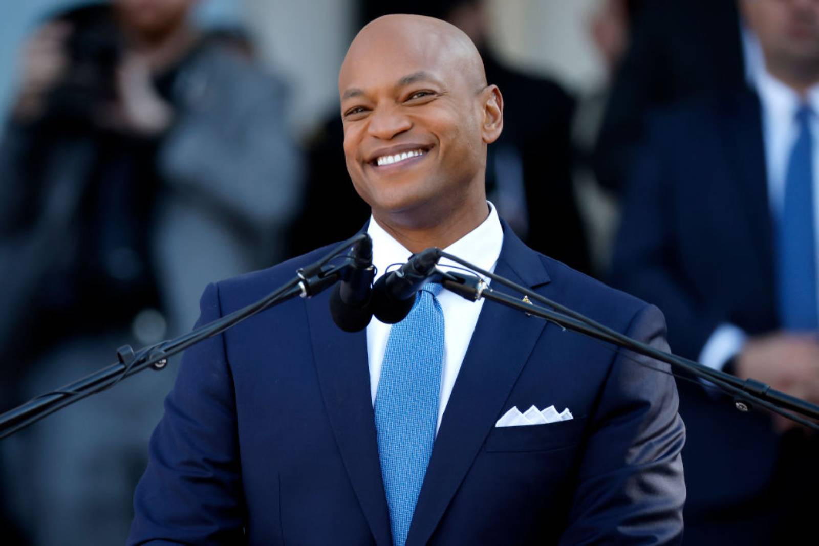 Maryland Governor Wes Moore delivers his inaugural address on the west side of the Maryland State House on January 18, 2023 in Annapolis, Maryland. Moore was sworn in on a bible that once belonged to former slave and abolitionist Frederick Douglass and held by Moore's wife, Dawn Moore. Democrat Moore defeated Republican nominee Dan Cox to become the first Black governor of Maryland and only the third Black person to be elected governor in the United States. (Photo by Chip Somodevilla/Getty Images)