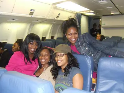 London - ALL ABOARD: The ladies are excited they are about to take flight. Drew doesn't look too happy back there.