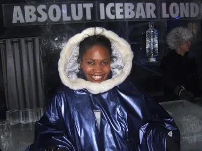 London - Shavon's fly, blue Eskimo gear keeps her warm at the Icebar.