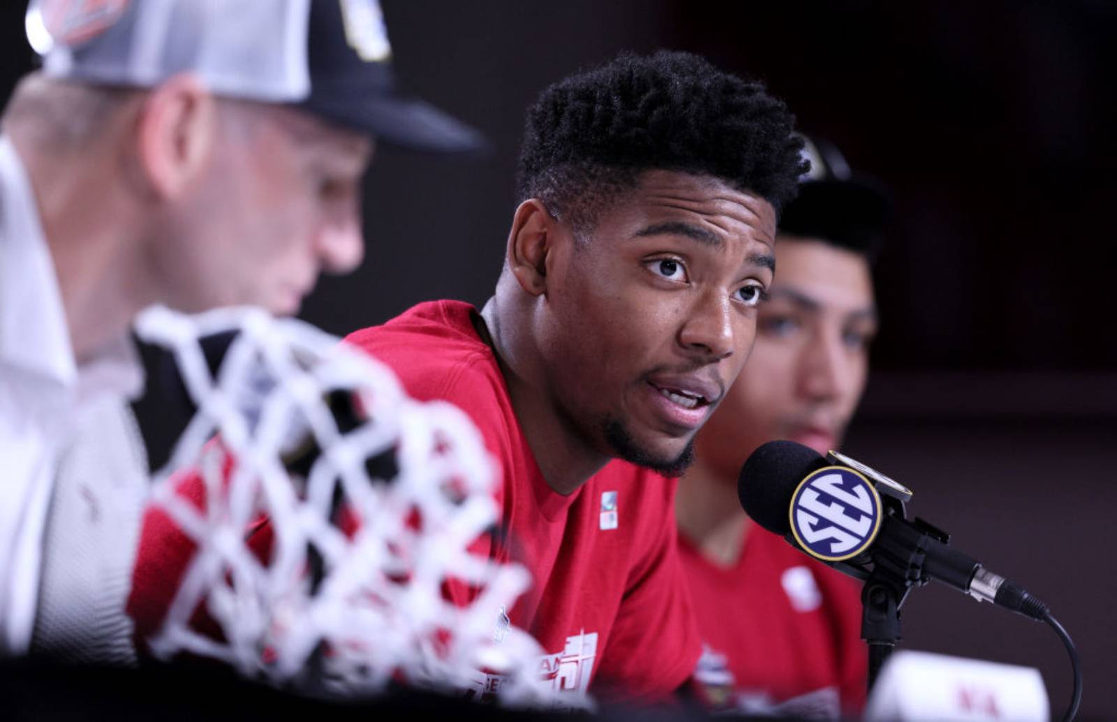 Brandon Miller #24 of the Alabama Crimson Tide talks to the media after the 2023 SEC Basketball Tournament final on March 12, 2023 in Nashville, Tennessee. (Photo by Andy Lyons/Getty Images)
