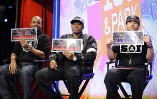 Challenger Wins - Freestyle Friday judges Vidal, Gabe "G-Code" Zardes and Jay "Bombaye" Pezzotti decide in favor of Kid Kwest at 106 &amp; Park, December 7, 2012. (Photo: John Ricard / BET)