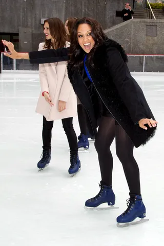 So Icy - Tia Mowry has a little fun and tries to keep her balance while skating at Rockefeller Center in NYC for ABC Family's 25 Days Of Christmas Winter Wonderland Event.(Photo: Alberto Reyes/WENN.com)