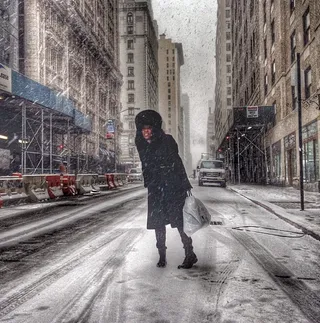 June Ambrose  - The star stylist attempts to hail a cab in deserted NYC. We hope her fur topper is keeping her warm!  (Photo: June Ambrose via Instagram)