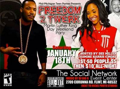 Freedom to Twerk - A party flyer depicting Martin Luther King Jr. as a man throwing up a hand sign and wearing a large medallion chain was recently called “appalling” by his daughter, Bernice King. And it looks like King's head was Photoshopped onto 2 Chainz's body.&nbsp;  (Photo: Mid Michigan Teen Parties via Facebook)