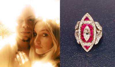 What a Ring! - The Hunger Games: Mockingjay star proposed with a customized ring from celebrity jeweler Neil Lane’s archival collection,&nbsp;adding a sleeve of smaller diamonds around its 5-carat, marquise-cut center stone and accent rubies.  (Photos from left: Ashlee Simpson via Twitter, Courtesy Neil Lane Jewelry)
