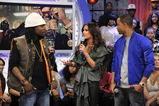D.C. Stand Up - Wale with Terrence J and Rocsi Diaz at 106 &amp; Park, February 27, 2012. (Photo: John Ricard / BET)