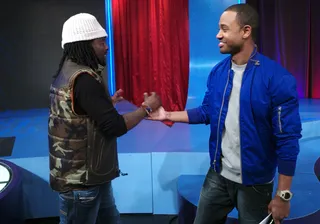 Showing Love - Wale and Terrence J during a commercial break at 106 &amp; Park, February 27, 2012. (Photo: John Ricard / BET)