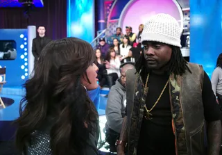 I Hear Ya - Wale and Rocsi Diaz during a commercial break at 106 &amp; Park, February 27, 2012. (Photo: John Ricard / BET)
