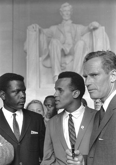 Star Power - (L-R) Actor Sidney Poitier, singer Harry Belafonte and actor Charlton Heston participate in the March on Washington on August 28, 1963.&nbsp;&nbsp;(Photo: Landov)