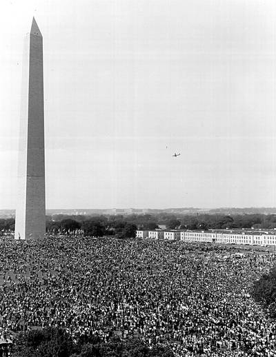 View From the Mountaintop - Thousands of Americans are shown gathered beneath the Washington Monument for the march in behalf of racial equality.(Photo: National Archive/Newsmakers/Getty Images)
