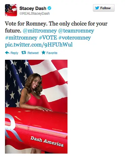 Stacey Dash endorsing Mitt Romney:&nbsp; - “Vote for Romney. The only choice for your future.”  (Photo: Twitter)