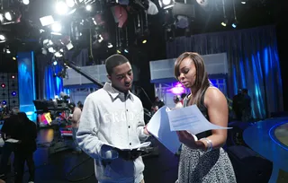 Right There - Shorty and Paigion discuss how they will present the next segment at 106 &amp; Park, October 4, 2012. (Photo: John Ricard / BET).