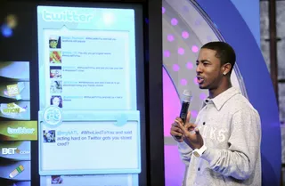 Whoa There - Shorty checks the Twitter topic #WhoLiedToYou at 106 &amp; Park, October 4, 2012. (Photo: John Ricard / BET).