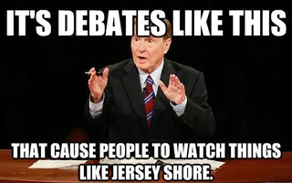 Fightin' Words - Was President Obama too timid or was moderator Jim Lehrer overrun by the candidates? And would Mitt Romney really give Sesame Street the ax? These questions and more were answered in the form Internet memes providing priceless commentary of Wednesday's first of the 2012 presidential debates. – Britt Middleton  (Photo: Quickmeme.com)