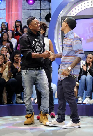 Old Friends - Kendrick Lamar tells Bow Wow that the best part of touring is meeting the fans in person at 106 &amp; Park, October 3, 2012. (Photo: John Ricard / BET).