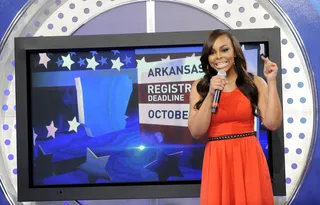 Stay Informed - Paigion reminds everyone that the date to register to vote in Arkansas is rapidly approaching at 106 &amp; Park, October 3, 2012. (Photo: John Ricard / BET).