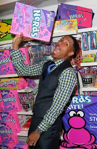 Sweet Cause - Nick Cannon has fun with a prop box of candy at the &quot;NERDS Unite!&quot; anti-bullying event to benefit the STOMP Out Bullying organization at Dylan's Candy Bar in Los Angeles. (Photo: David Livingston/Getty Images)