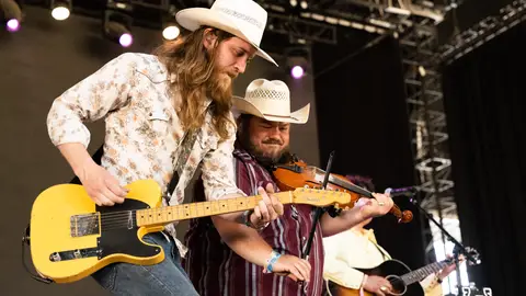 INDIO, CALIFORNIA - MAY 01: Musicians Reid Dillon and Wesley Hall of Flatland Cavalry performonstage during Day 3 of the 2022 Stagecoach Festival on May 01, 2022 in Indio, California. 
