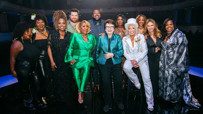 (Back Row L-R) Chauntee Ross and Monique Ross of SistaStrings, Ledisi, Fancy Hagood, Michael Trotter Jr. and Tanya Trotter of The War and Treaty, Mickey Guyton, Lucie Silvas, Amber Riley, (Front Row L-R) Patti LaBelle, Billie Jean King and Tanya Tucker on stage at CMT Smashing Glass: A Celebration of the Groundbreaking Women of Music at The Fisher Center for the Performing Arts on October 26, 2023 in Nashville, Tennessee.